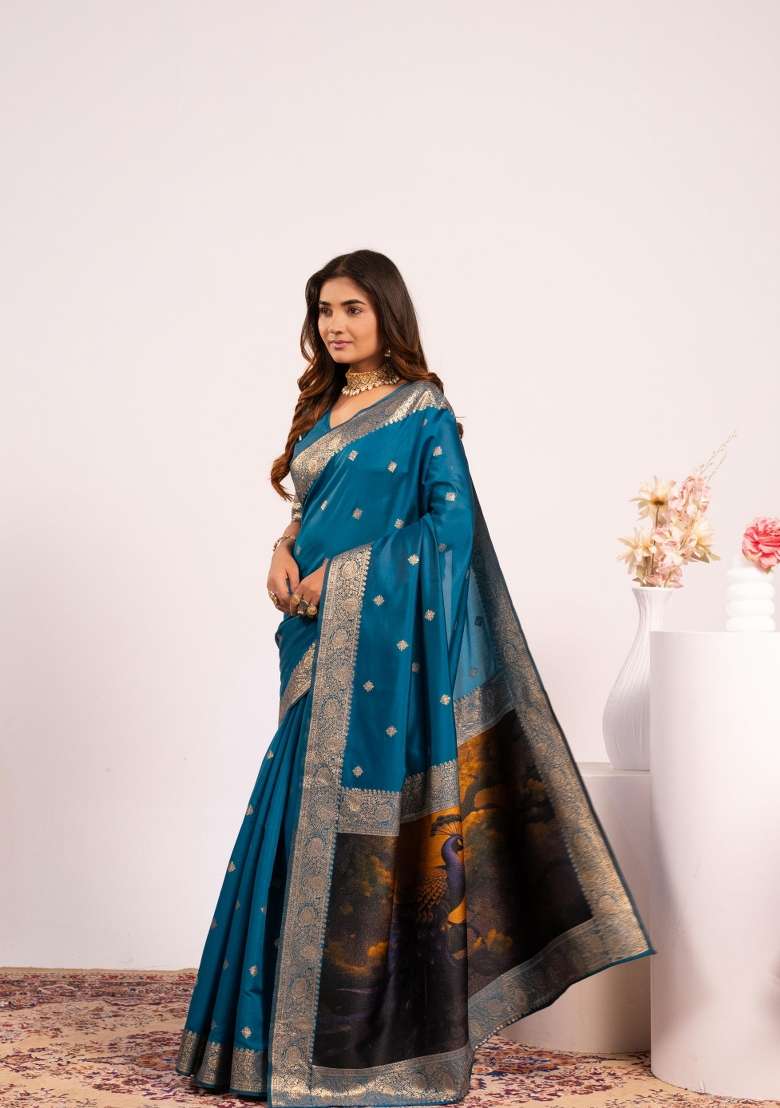 Firozi Solid Silk Blend Saree Set - Indya