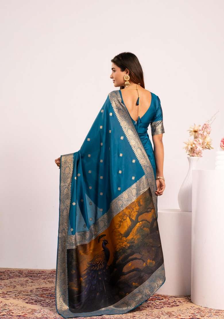 Firozi Solid Silk Blend Saree Set - Indya