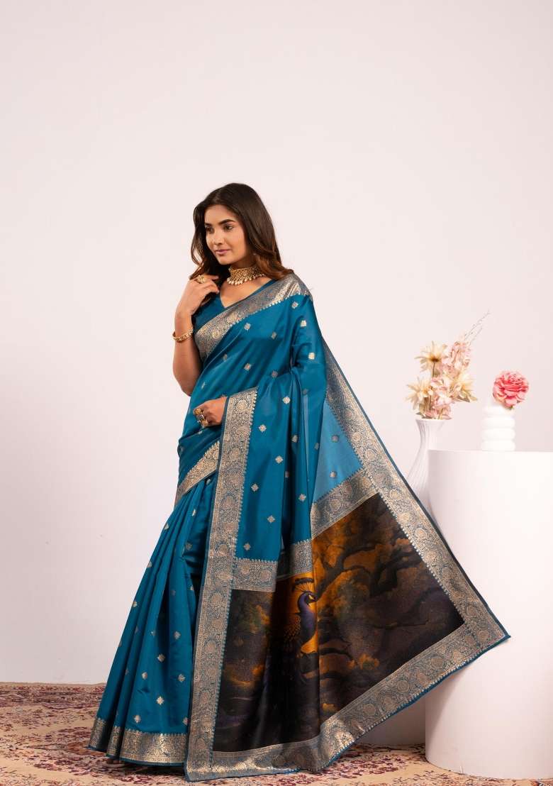 Firozi Solid Silk Blend Saree Set - Indya