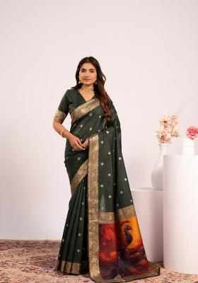Green Solid Silk Blend Saree Set