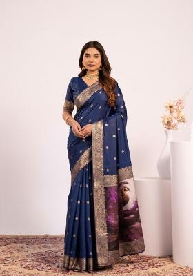 Navy Blue Solid Silk Blend Saree Set