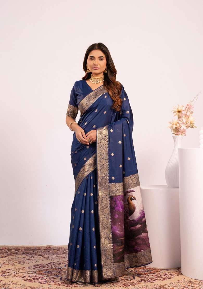 Navy Blue Solid Silk Blend Saree Set - Indya