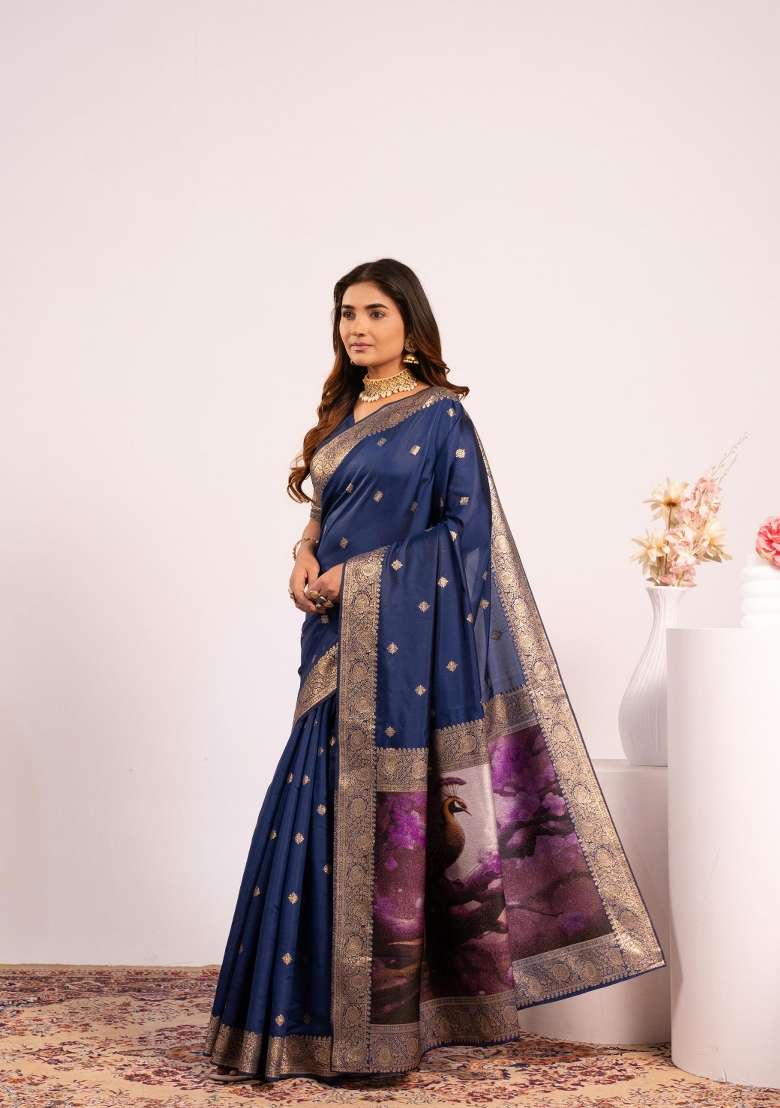 Navy Blue Solid Silk Blend Saree Set - Indya