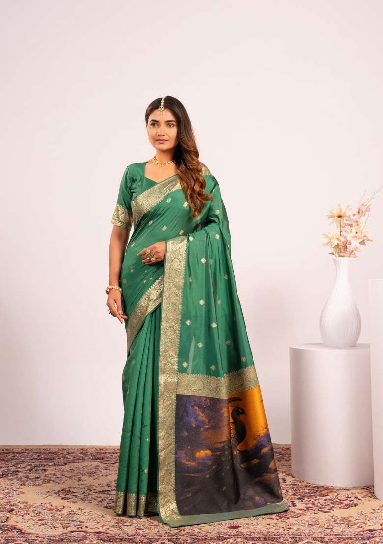 Parrot Solid Silk Blend Saree Set - Indya