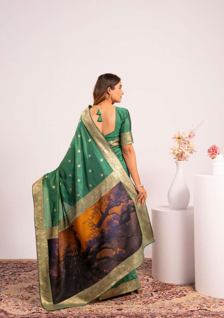 Parrot Solid Silk Blend Saree Set - Indya