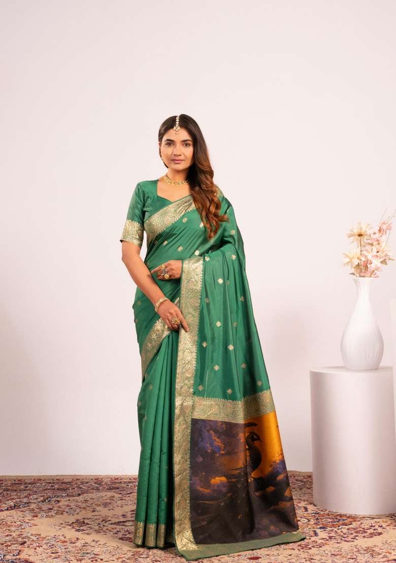 Parrot Solid Silk Blend Saree Set - Indya