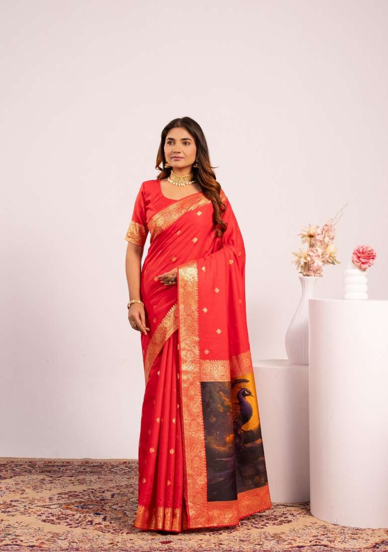 Red Solid Silk Blend Saree Set - Indya