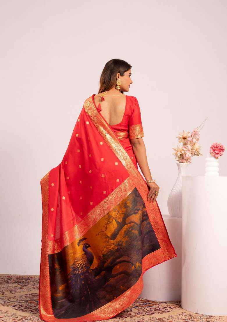 Red Solid Silk Blend Saree Set - Indya