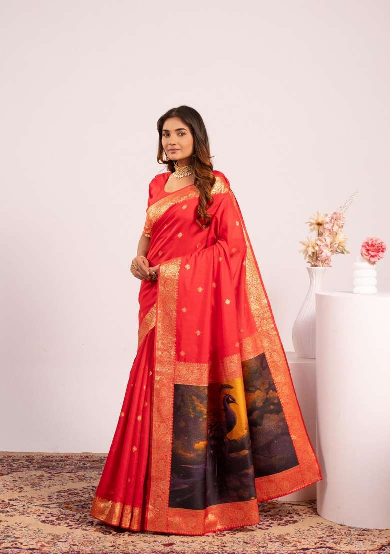 Red Solid Silk Blend Saree Set - Indya