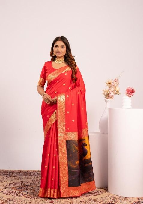 Red Solid Silk Saree Set — view on Indya