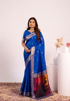 Royal Blue Solid Silk Blend Saree Set