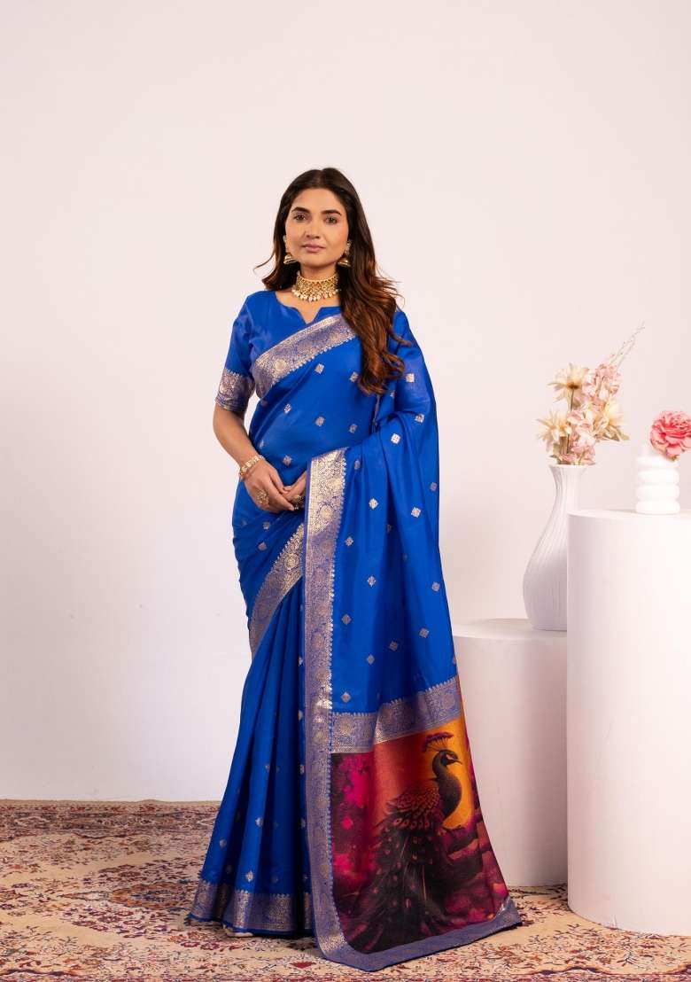 Royal Blue Solid Silk Blend Saree Set - Indya