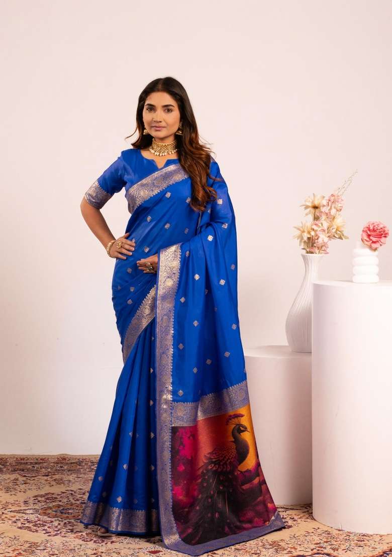 Royal Blue Solid Silk Blend Saree Set - Indya