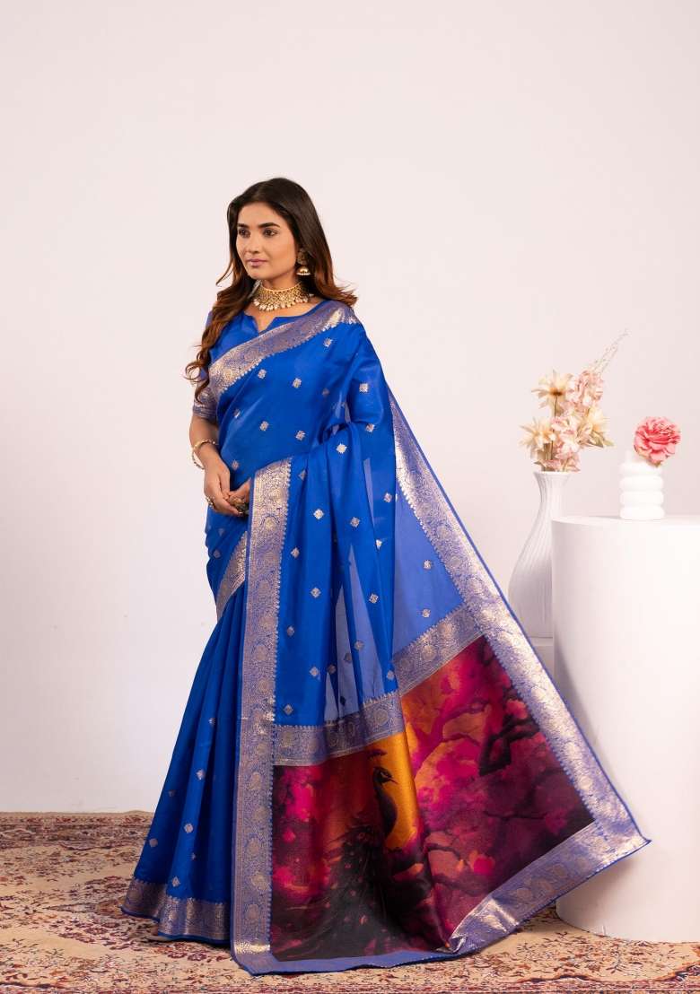 Royal Blue Solid Silk Blend Saree Set - Indya