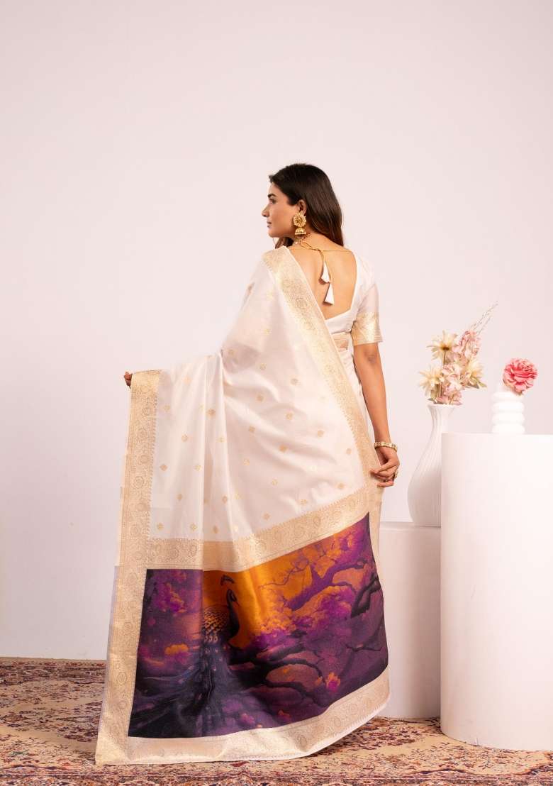 White Solid Silk Blend Saree Set - Indya