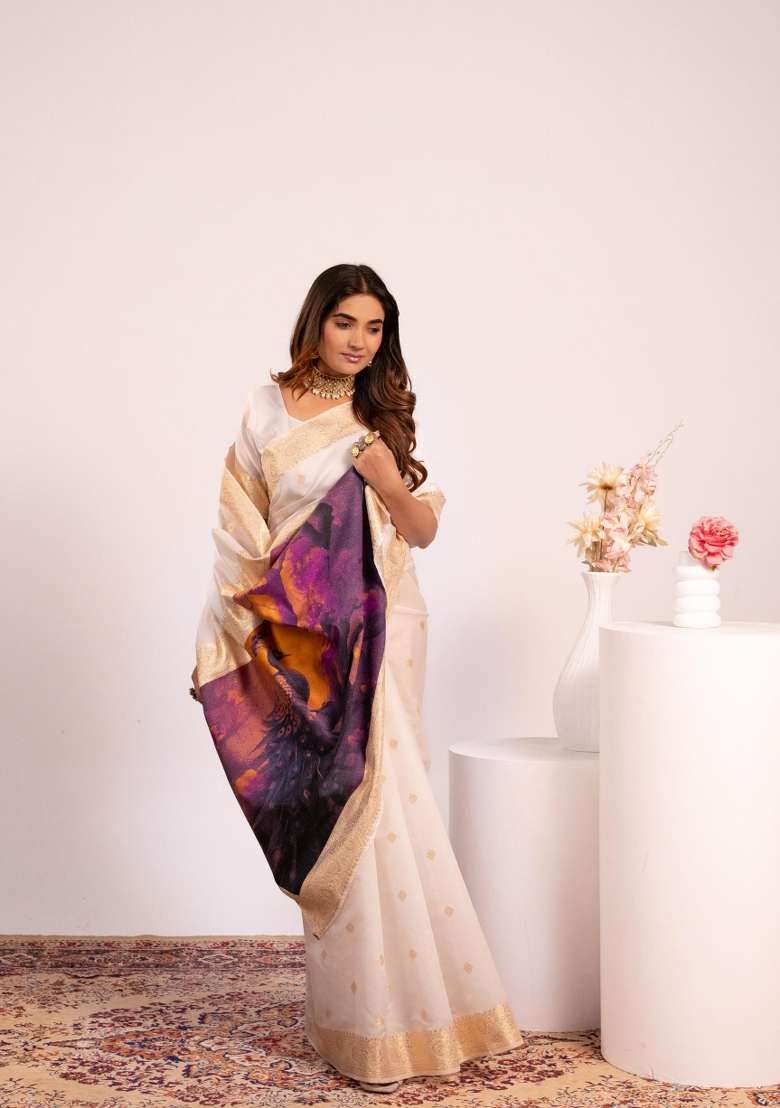 White Solid Silk Blend Saree Set - Indya
