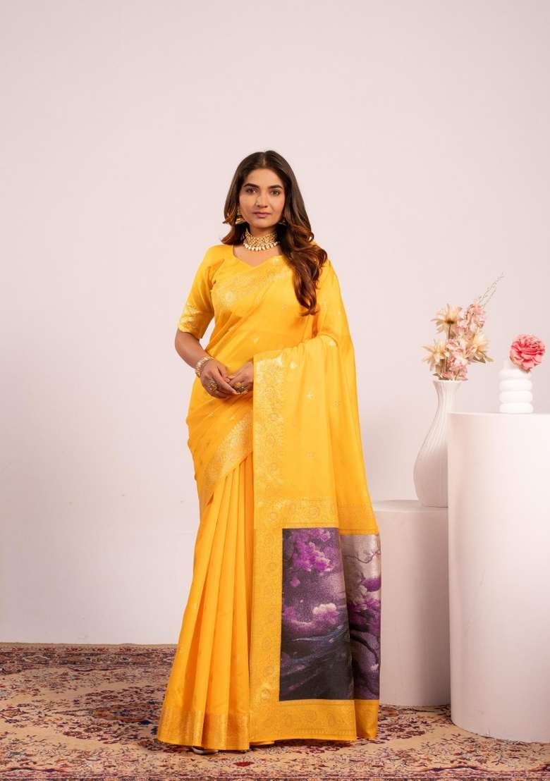 Yellow Solid Silk Blend Saree Set - Indya