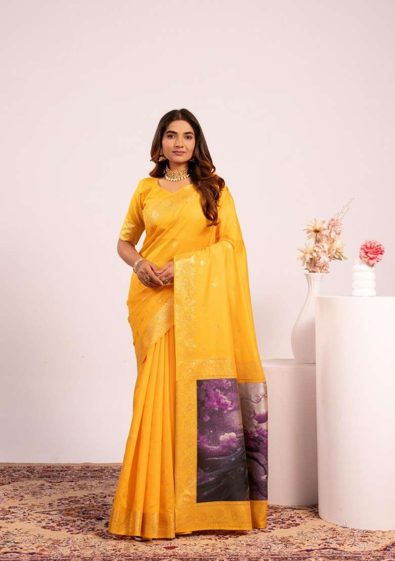 Yellow Solid Silk Blend Saree Set - Indya