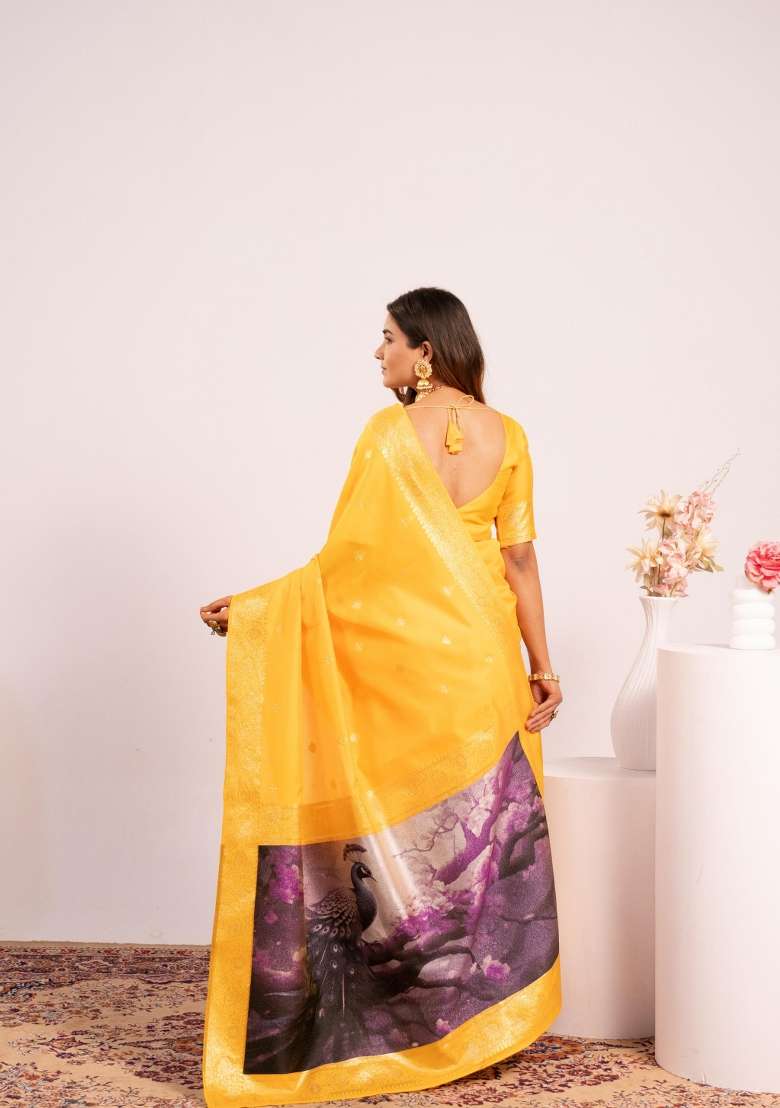 Yellow Solid Silk Blend Saree Set - Indya
