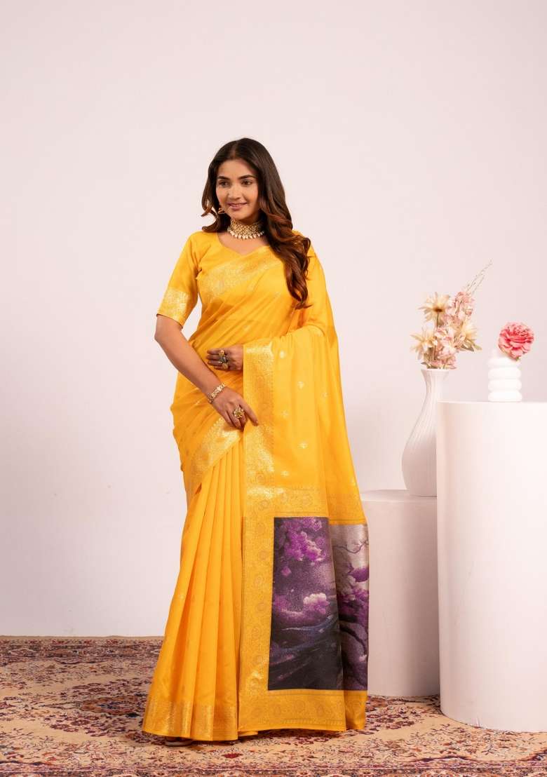 Yellow Solid Silk Blend Saree Set - Indya
