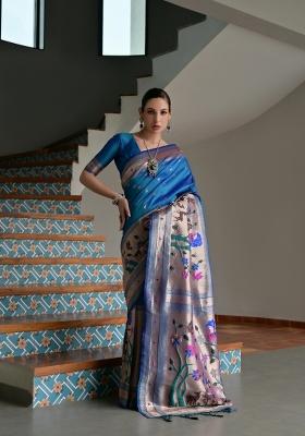 Navy Blue Solid Silk Blend Saree Set
