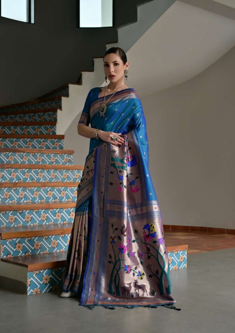 Navy Blue Solid Silk Blend Saree Set - Indya