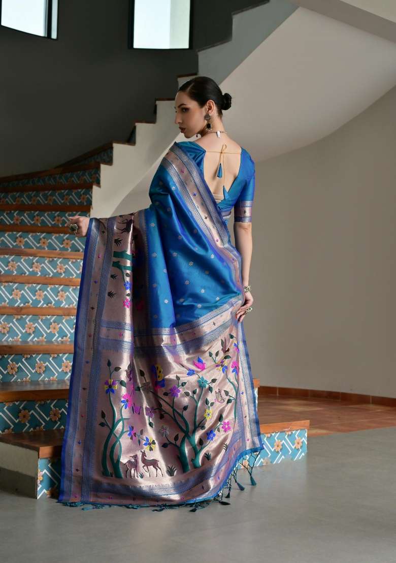 Navy Blue Solid Silk Blend Saree Set - Indya