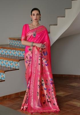 Pink Solid Silk Blend Saree Set