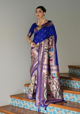 Royal Blue Solid Silk Blend Saree Set