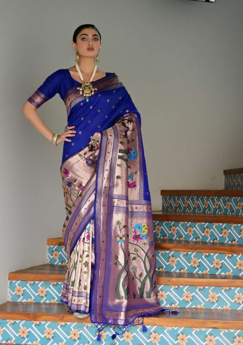 Royal Blue Solid Silk Blend Saree Set - Indya