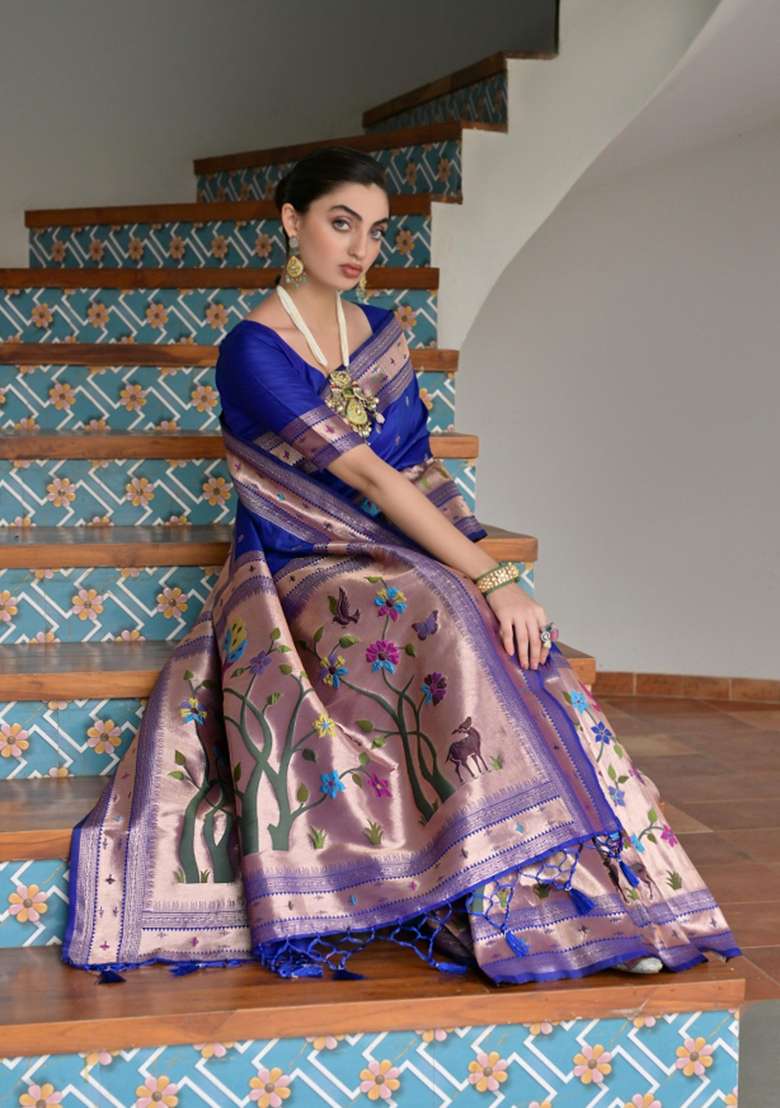 Royal Blue Solid Silk Blend Saree Set - Indya