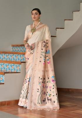 White Solid Silk Blend Saree Set