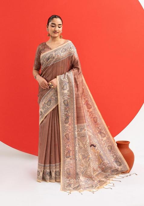 Coffee Solid Silk Saree Set — view on Indya