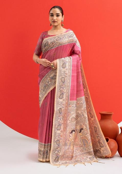 Pink Solid Silk Saree Set — view on Indya