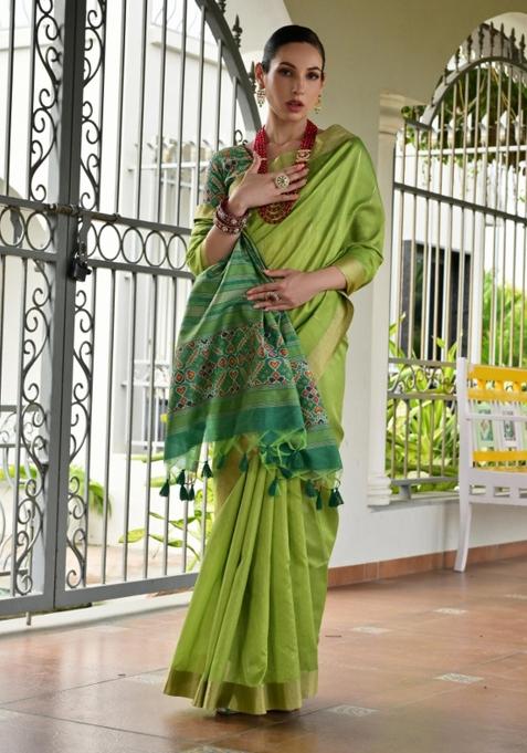 Green Solid Silk Saree Set — view on Indya