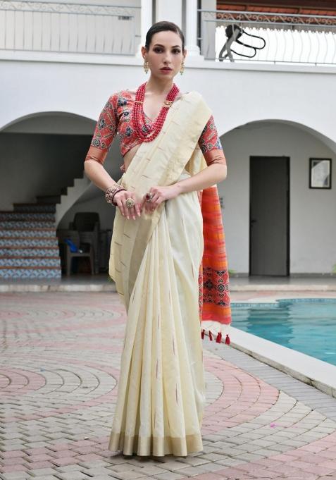 Ivory Solid Silk Saree Set — view on Indya