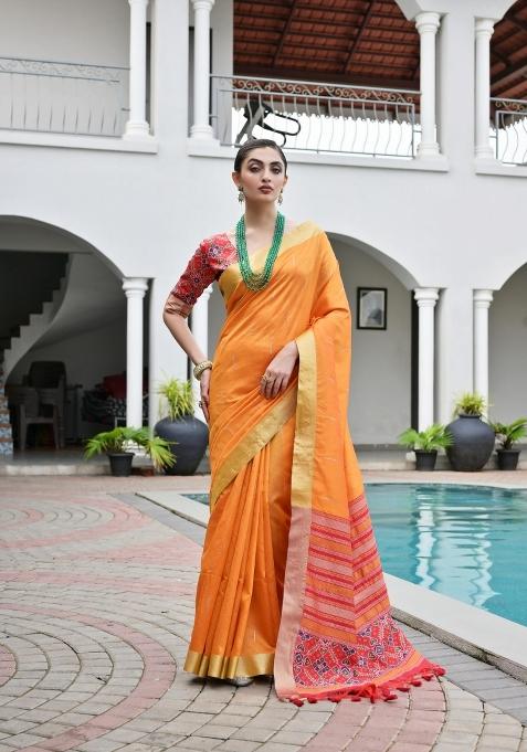Orange Solid Silk Saree Set — view on Indya