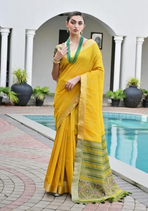 Yellow Solid Silk Saree Set