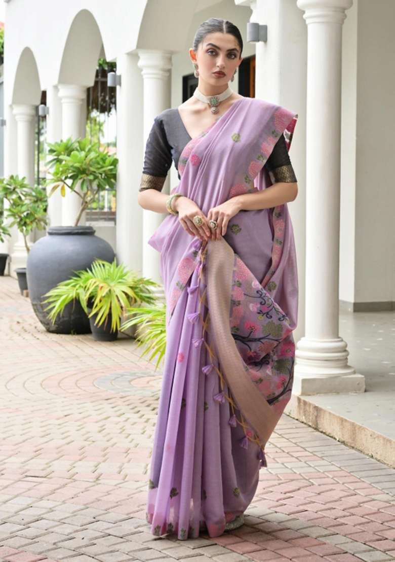 Lavender Solid Chanderi Saree Set - Indya