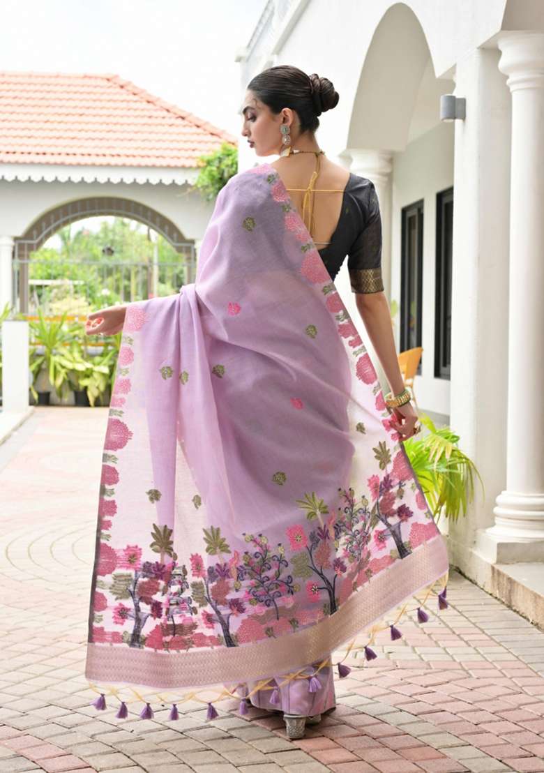 Lavender Solid Chanderi Saree Set - Indya