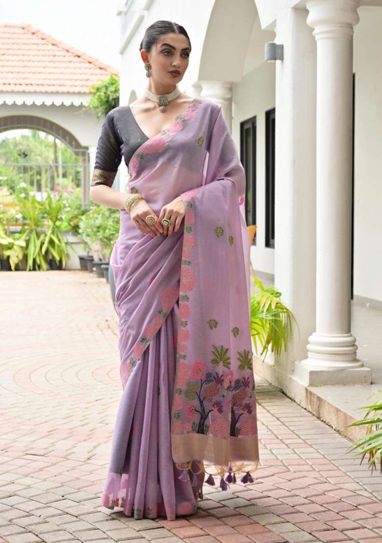 Lavender Solid Chanderi Saree Set - Indya