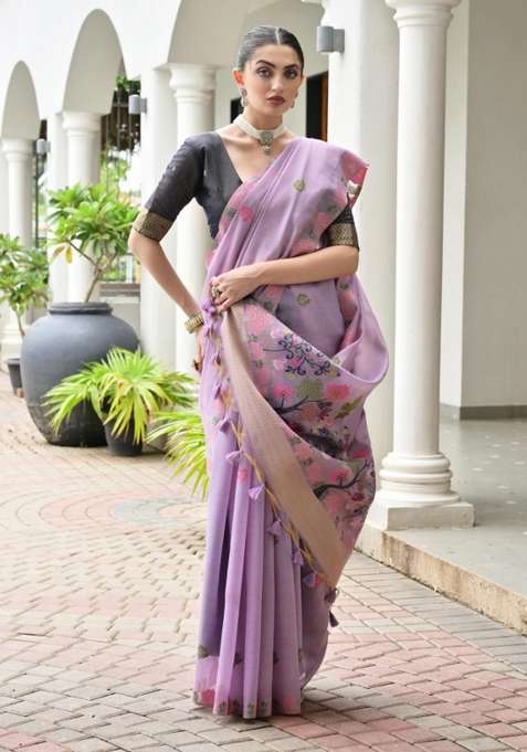 Lavender Solid Chanderi Saree Set
