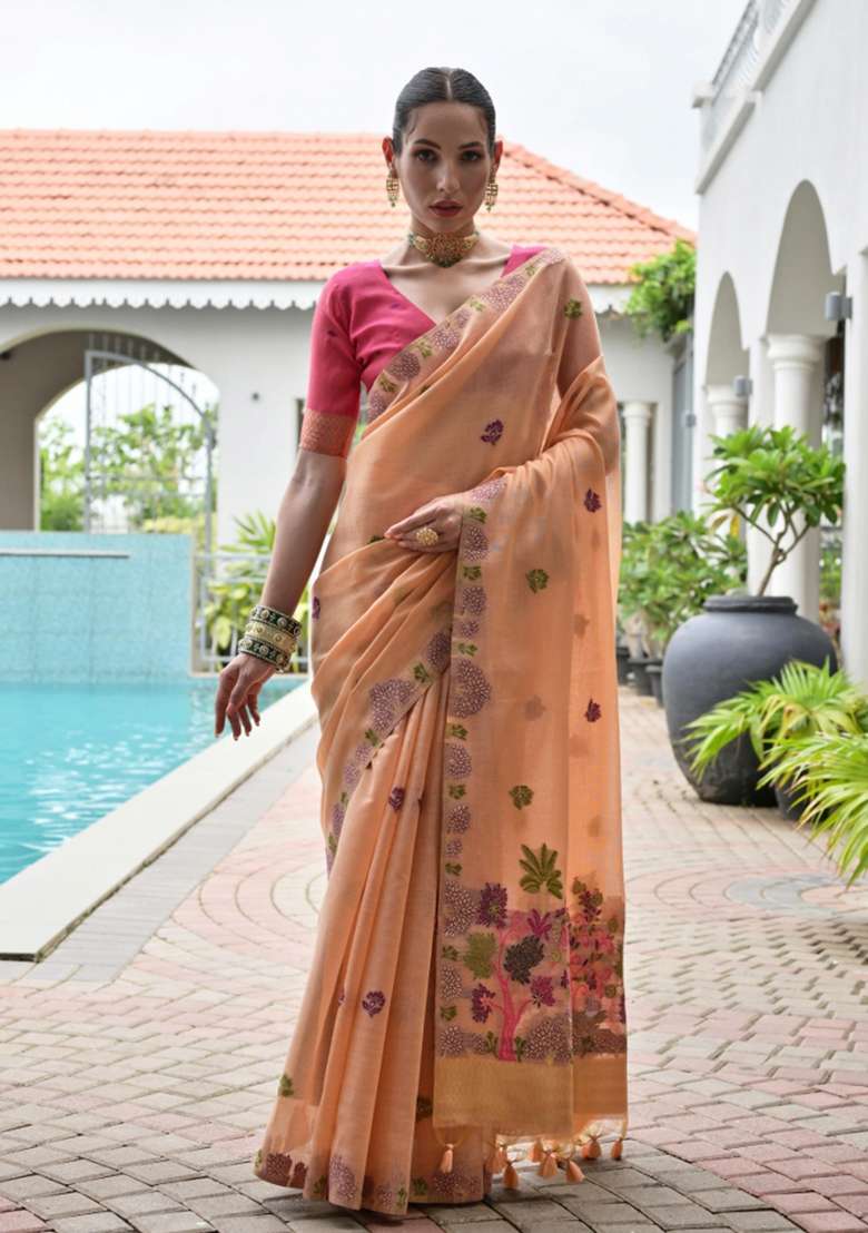 Peach Solid Chanderi Saree Set - Indya