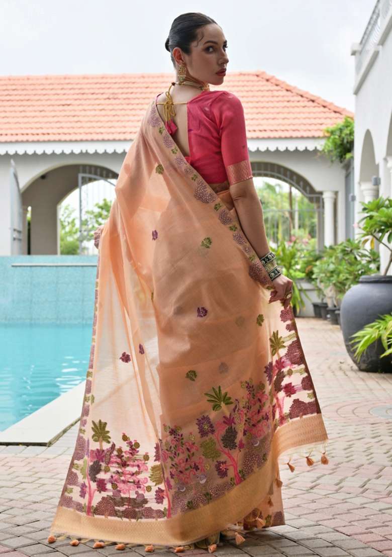 Peach Solid Chanderi Saree Set - Indya