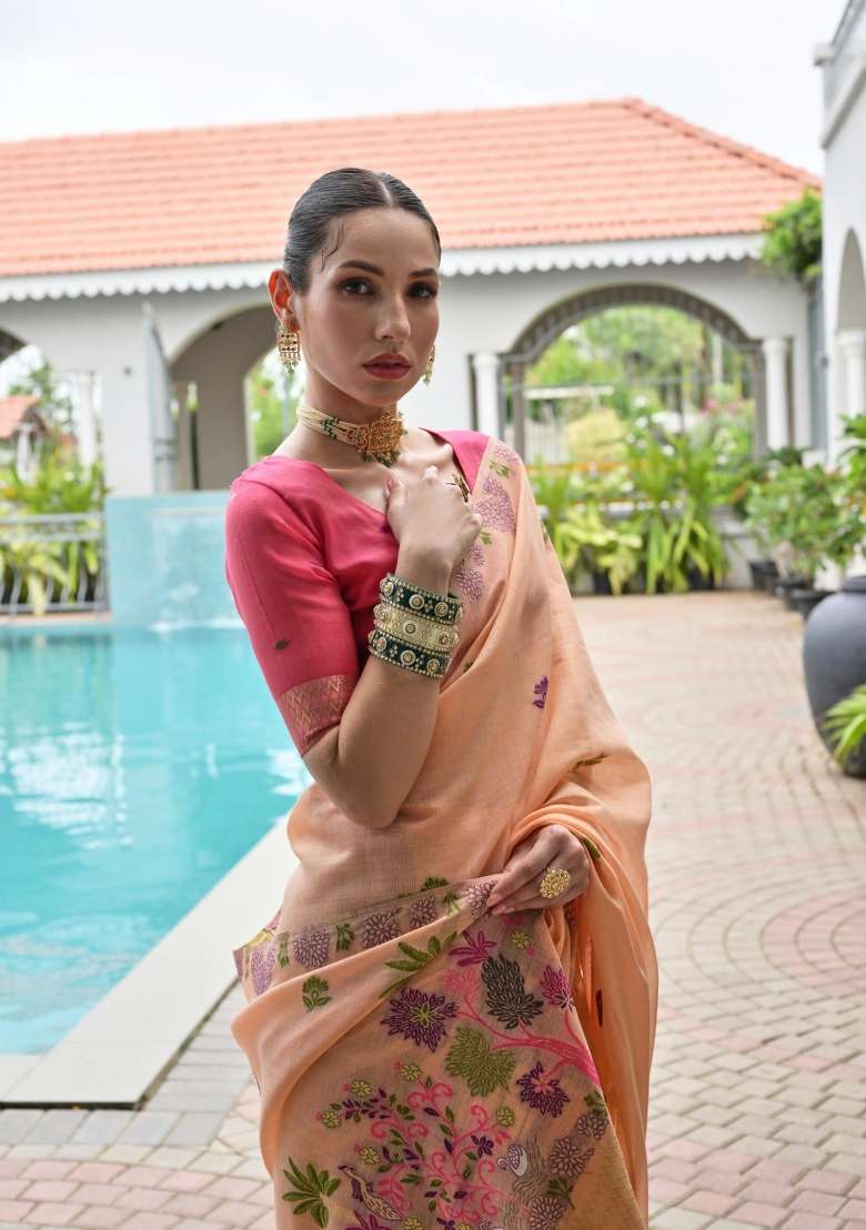 Peach Solid Chanderi Saree Set - Indya