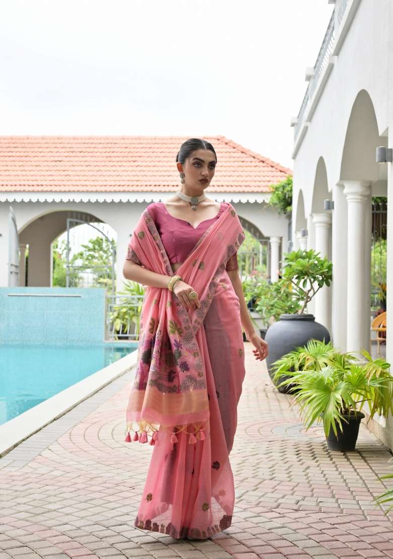 Pink Solid Chanderi Saree Set - Indya