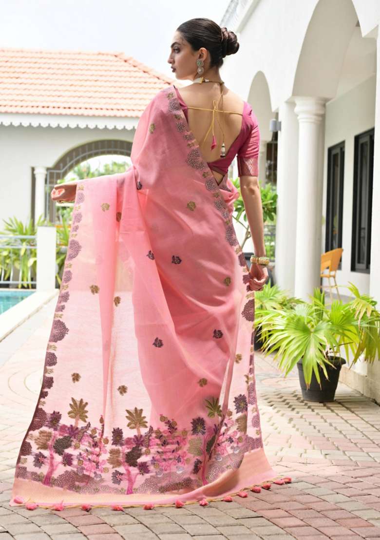 Pink Solid Chanderi Saree Set - Indya