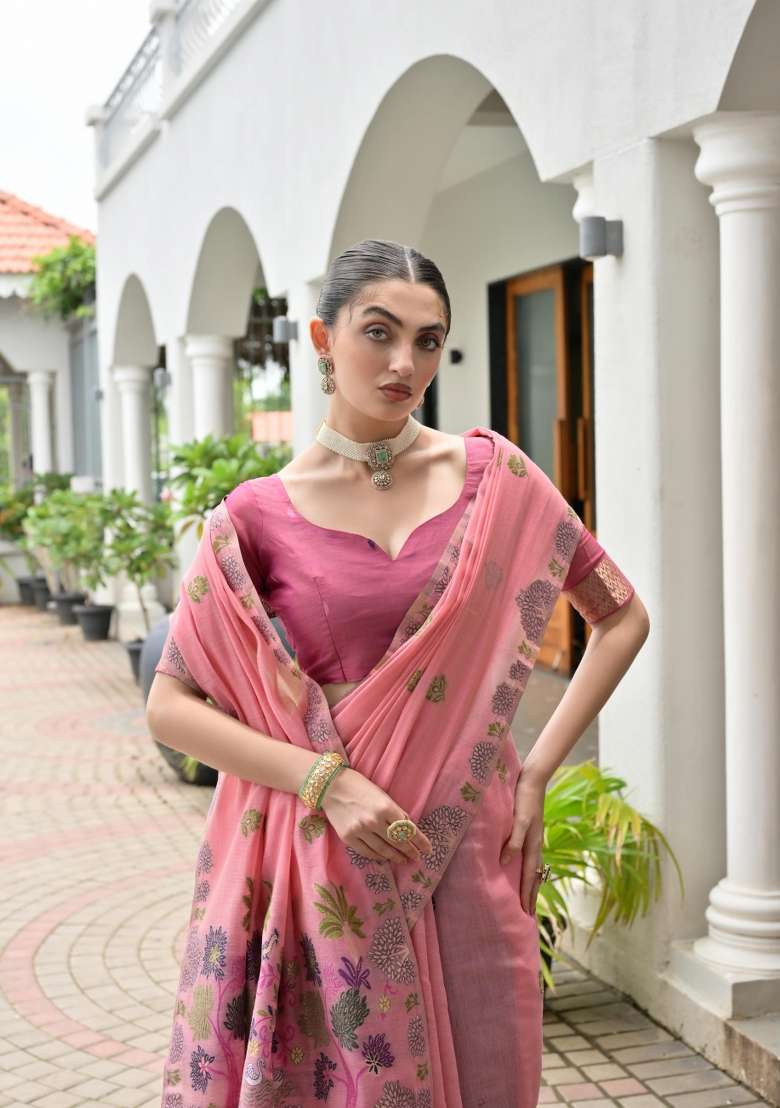 Pink Solid Chanderi Saree Set - Indya
