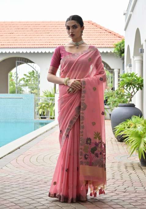 Pink Solid Chanderi Saree Set