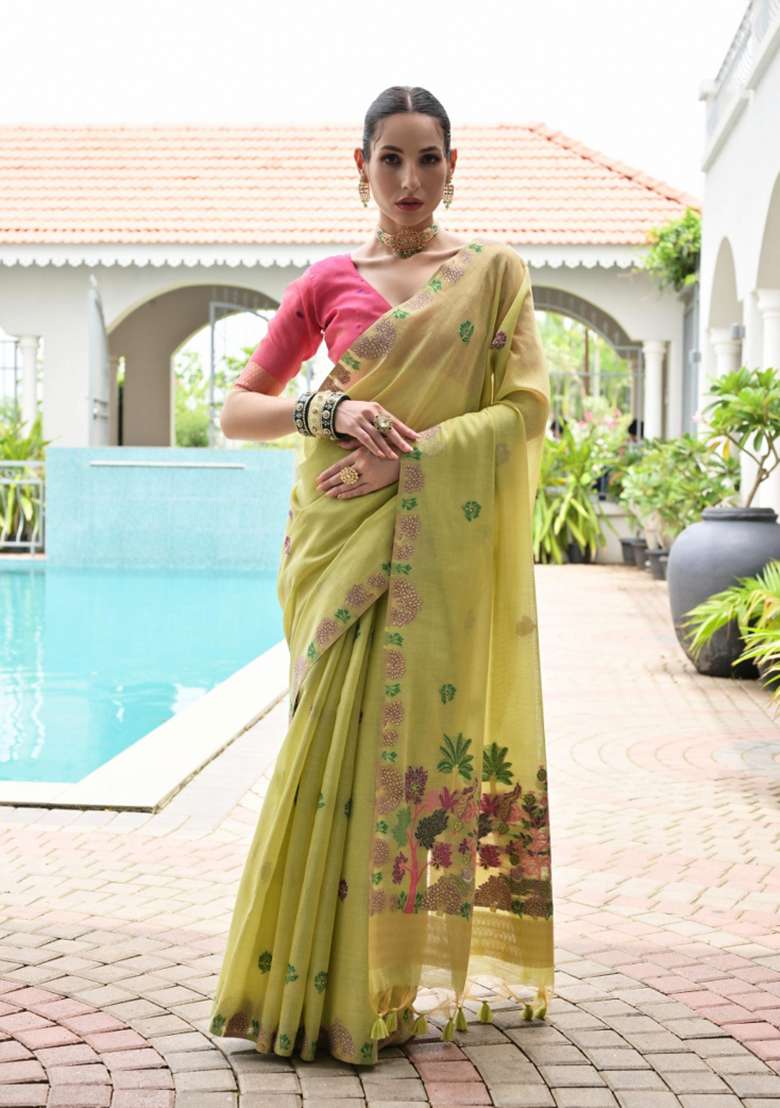 Pista Solid Chanderi Saree Set - Indya